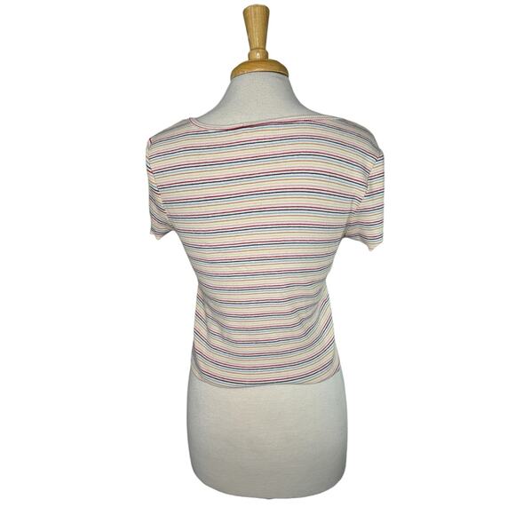 PINK ROSE Rainbow Stripe Ribbed Crop Button Up Baby Tee Size XL Cotton Stretch - Picture 3 of 9